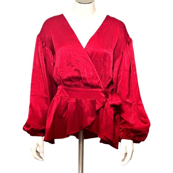 A Calin Red Wrap Blouse Small Flying Tomato Tie Waist Puff Sleeve Peplum Top Sm - Picture 1 of 10